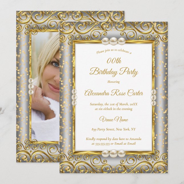 Gold Silver Grey White Pearl Photo Birthday Party Invitation (Front/Back)