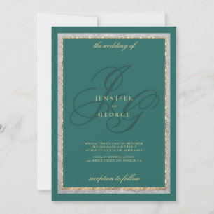 Gold silver jade green monogram initals wedding invitation