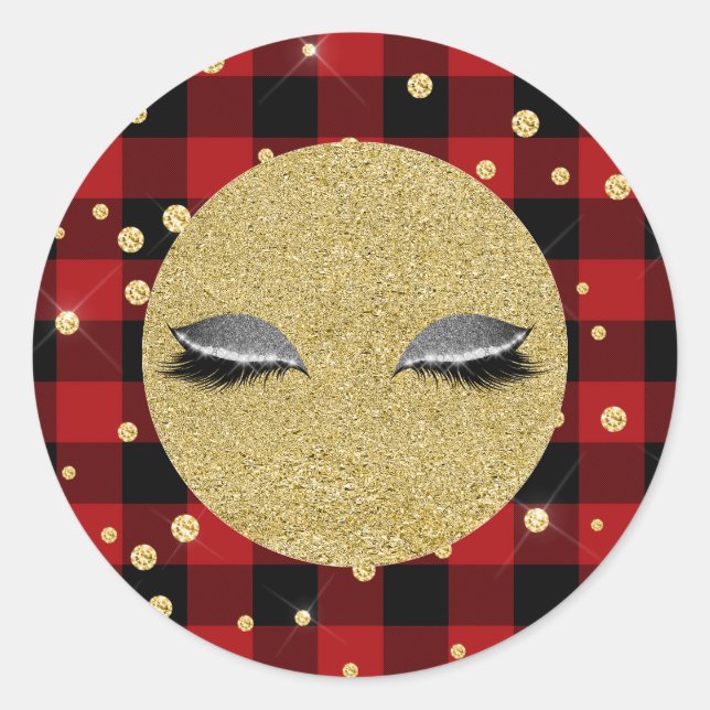 Gold Silver Lashes Holiday Red Buffalo Plaid Classic Round Sticker (Front)