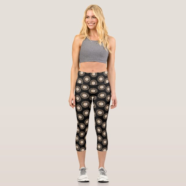 Gold & Silver Mandala Scattered Black Background Capri Leggings (Front)