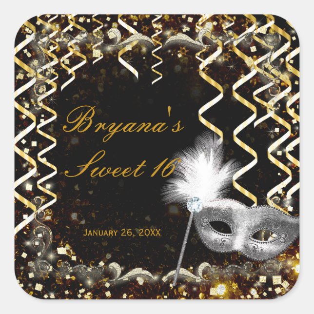 Gold & Silver Masquerade Mask Birthday Party Square Sticker (Front)