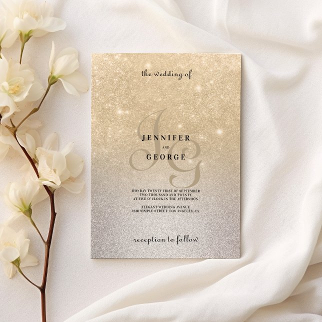 Gold silver monogram initial ombre glitter wedding invitation (Gold silver monogram initials ombre glitter wedding)