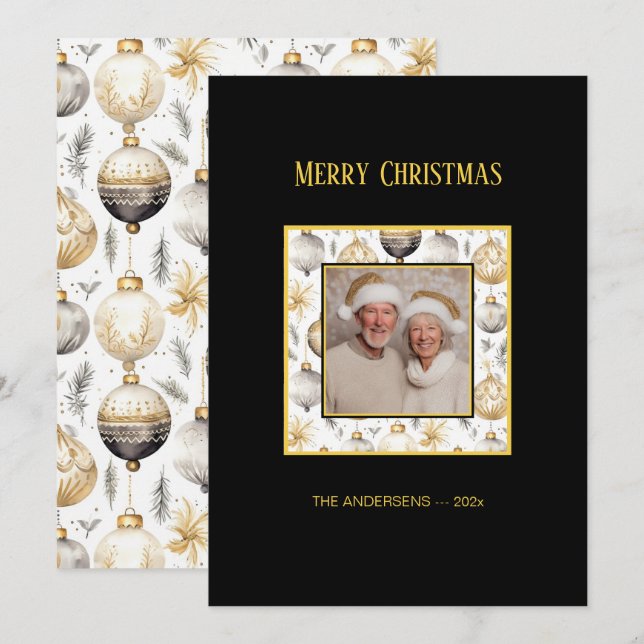 Gold Silver Ornaments Black Photo Christmas Card (Front/Back)