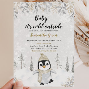 Gold Silver Penguin Baby Shower Invitation