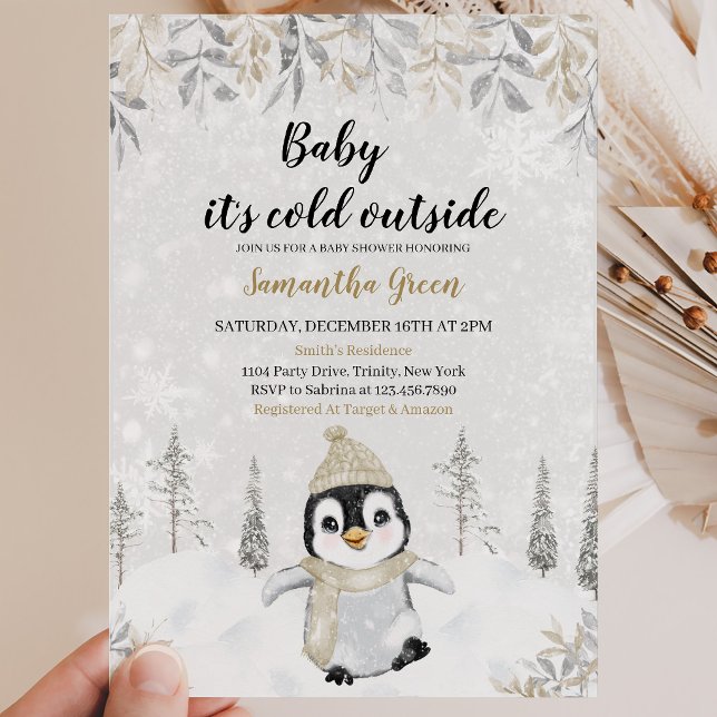 Gold Silver Penguin Baby Shower Invitation (Creator Uploaded)