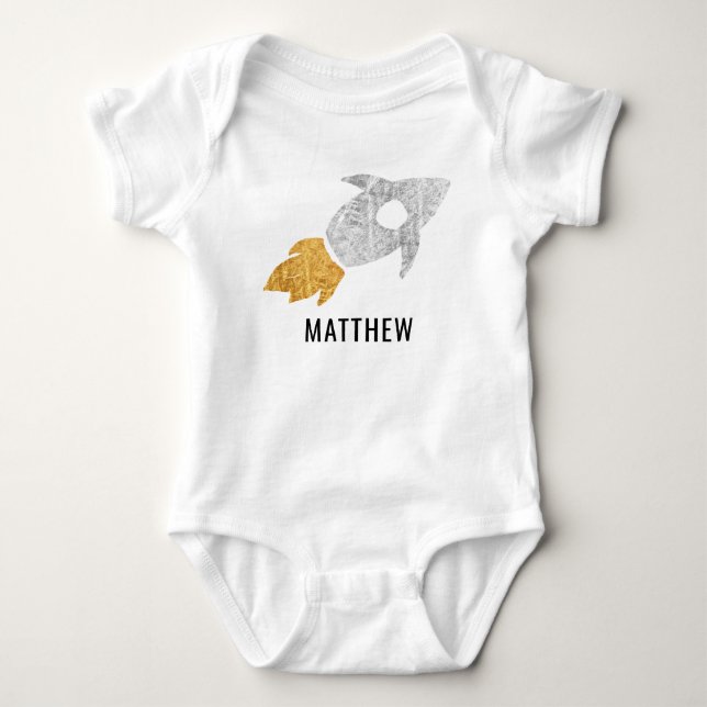Gold Silver Personalised Rocket Outer Space Kids Baby Bodysuit (Front)