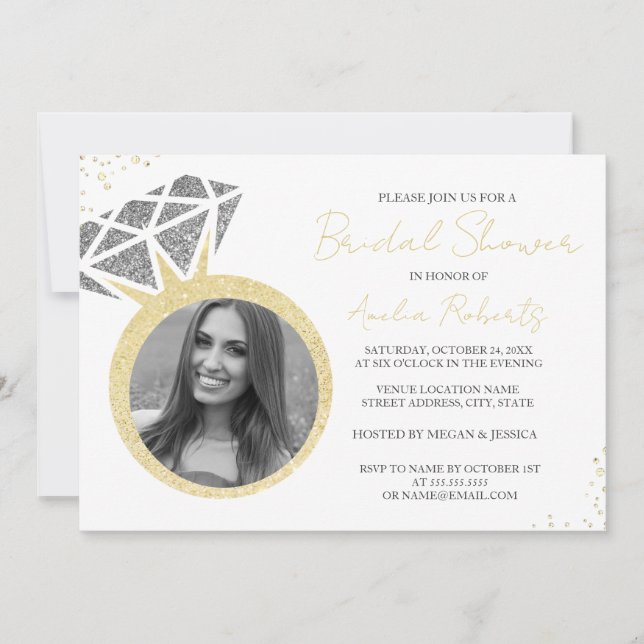 Gold Silver Photo Sparkle Ring Bridal Shower  Invitation (Front)