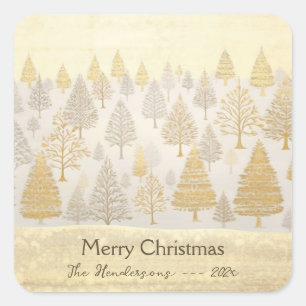 Gold Silver Pine Trees Christmas Square Sticker