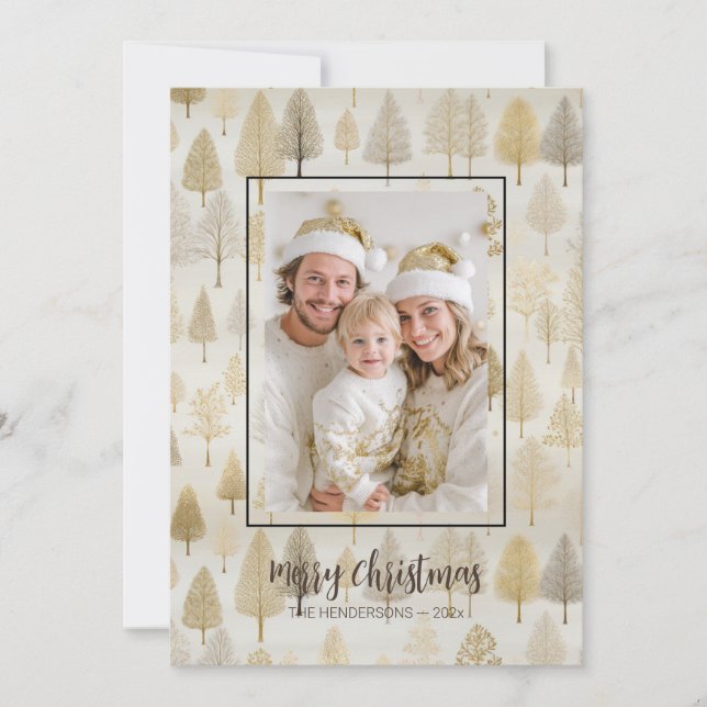 Gold Silver Pine Trees Photo Christmas Card (Front)