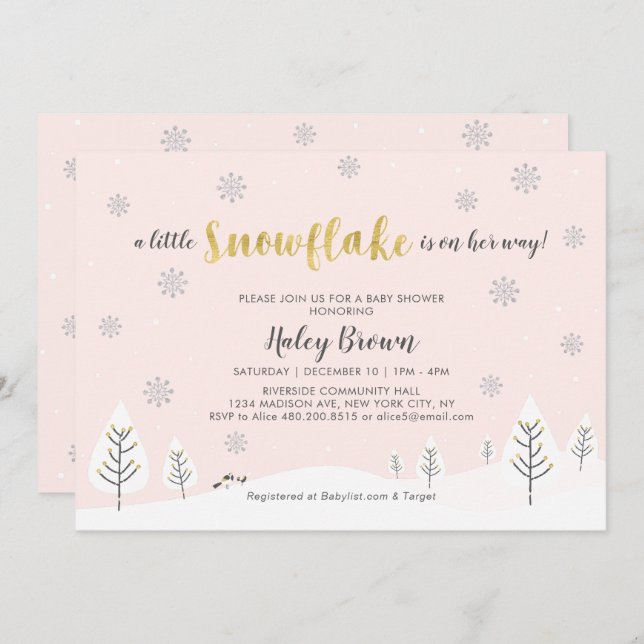 Gold, Silver & Pink Winter Wonderland Baby Shower Invitation (Front/Back)