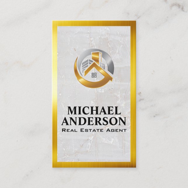 Gold Silver Property Logo | Marble | Gold Border  Business Card (Front)