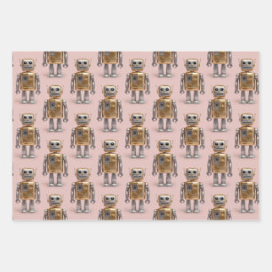 Gold Silver Robot Pink Wrapping Paper