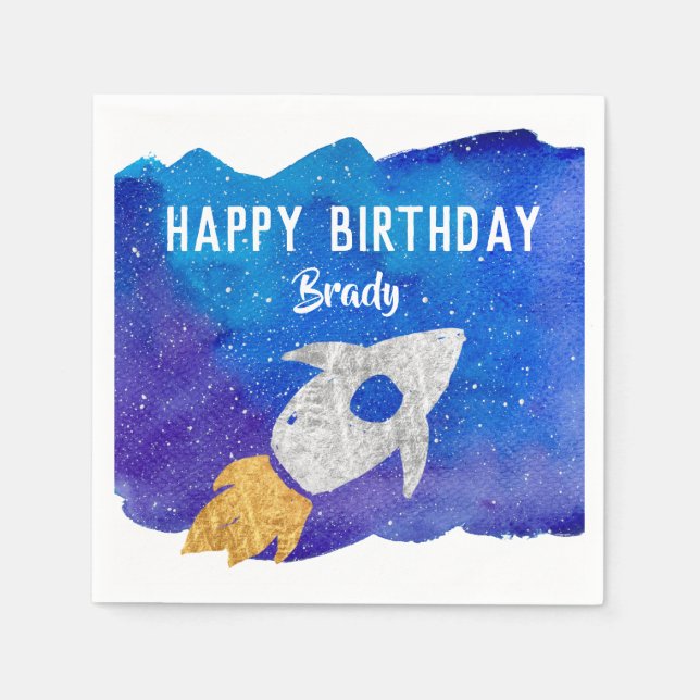 Gold Silver Rocket Ship Galaxy Birthday Party Napkin (Front)
