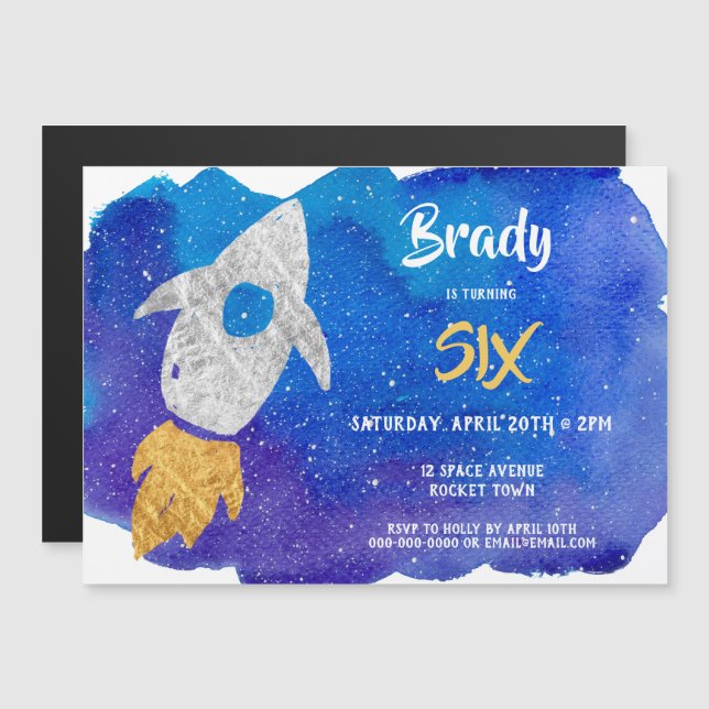 Gold Silver Rocket Ship Outer Space Birthday Party Magnetic Invitation (Front/Back)