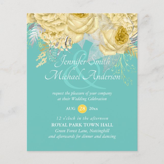 Gold Silver Roses Floral Wedding Invites (Front)