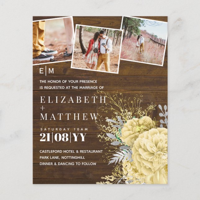 Gold Silver Roses Floral Wedding Invites (Front)