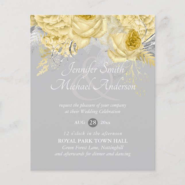 Gold Silver Roses Floral Wedding Invites (Front)