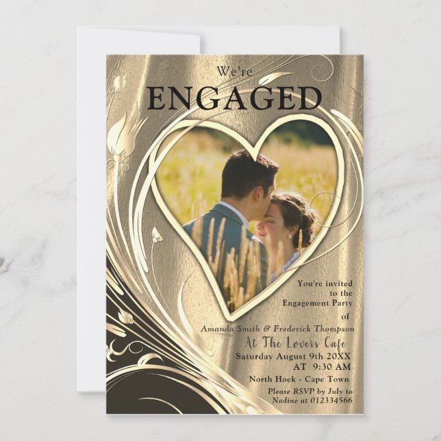 Gold & Silver Satin  & Gold flower Engagement Invitation (Front)