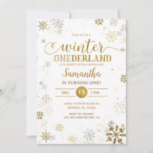 Gold Silver Snowflakes First Birthday  Invitation
