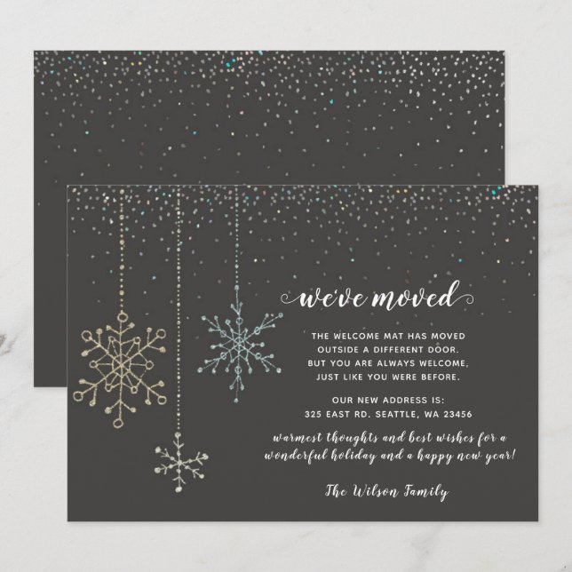 Gold Silver Snowflakes We've Moved Holiday Cards (Front/Back)