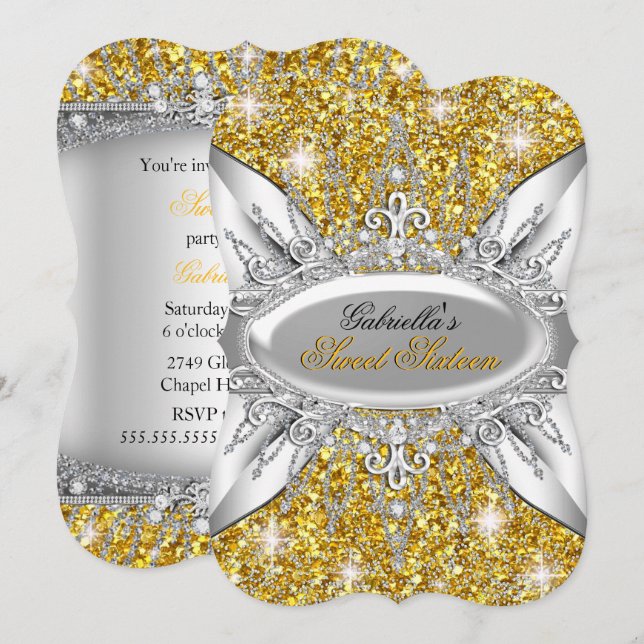 Gold Silver Sparkle Diamond Sweet 16 Invite (Front/Back)