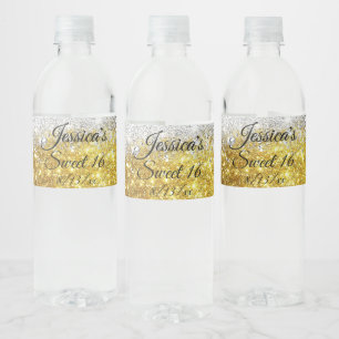 Gold & Silver Sparkling Glitter Sweet 16 Water Bottle Label