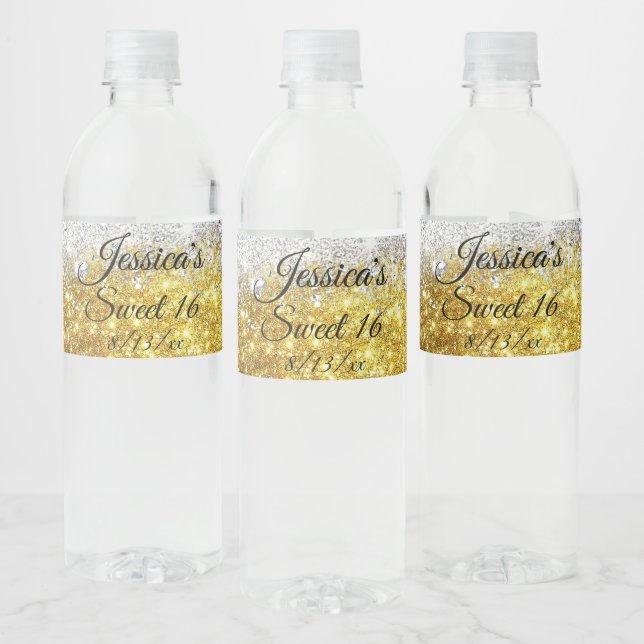 Gold & Silver Sparkling Glitter Sweet 16 Water Bottle Label (Bottles)