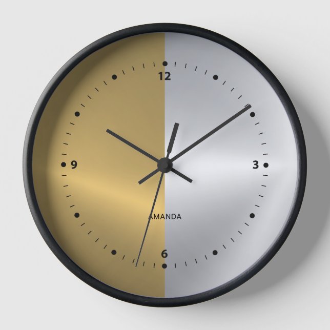 Gold & Silver Split Screen Geometric Design Clock (Front)