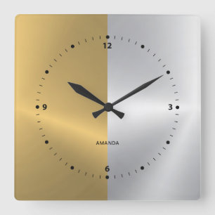 Gold & Silver Split Screen Geometric Design Square Wall Clock