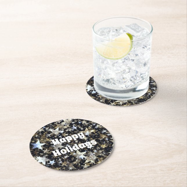 Gold & Silver Stars on Black Holidays Round Paper Coaster (Insitu)