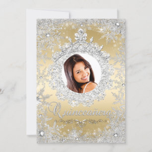 Gold Silver Tiara Snowflake Sparkle Quinceanera Invitation