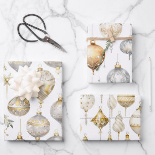 Gold Silver Vintage Christmas Ornaments  Wrapping Paper Sheet
