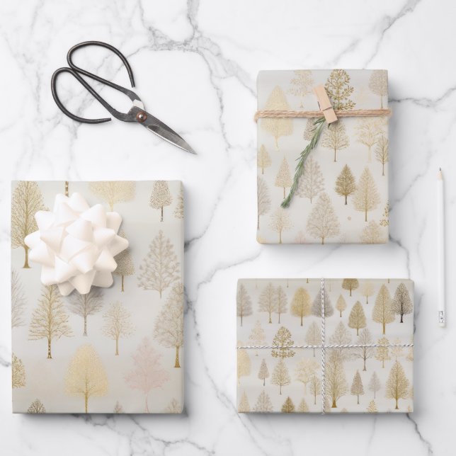 Gold Silver Watercolor Christmas Trees Wrapping Paper Sheet (Front)
