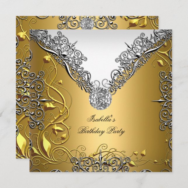 Gold Silver White Elegant Birthday Party Invitation (Front/Back)