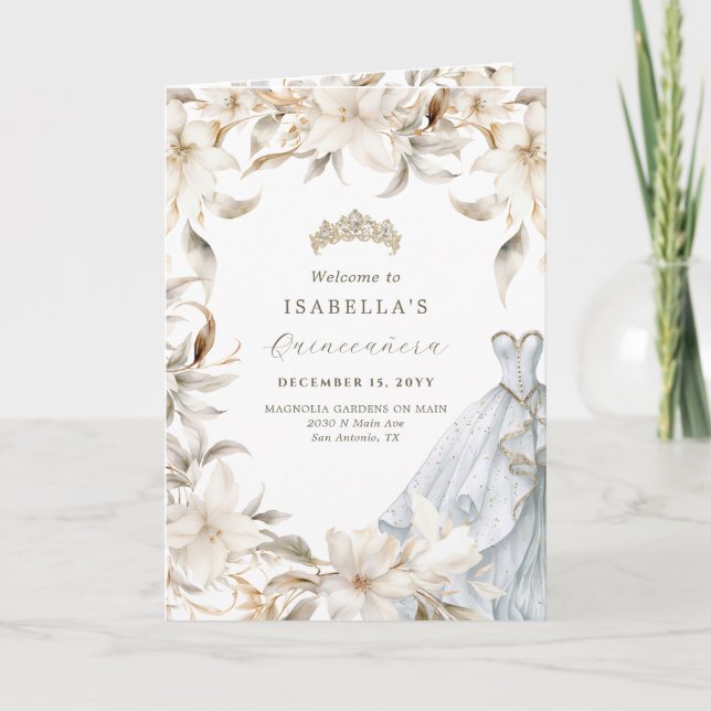Gold Silver White Floral Folded Quinceañera Programme (Front)