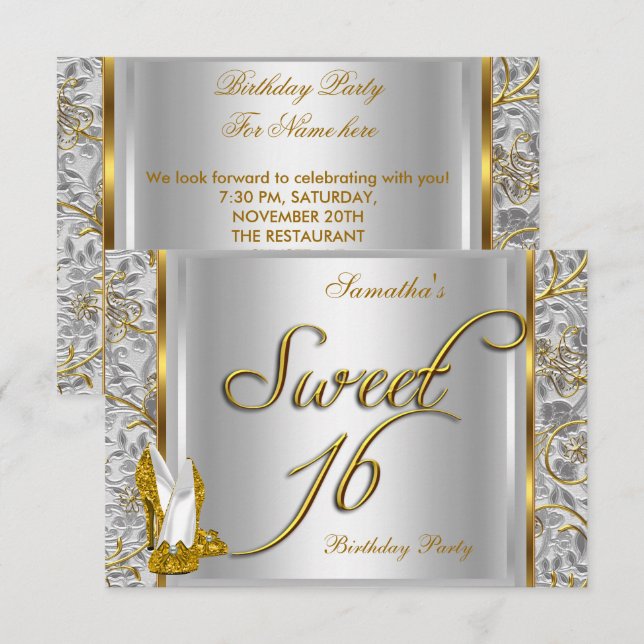 Gold Silver White Sweet Sixteen Sweet 16 Party Invitation (Front/Back)