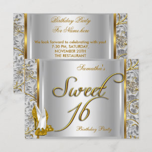 Gold Silver White Sweet Sixteen Sweet 16 Party Invitation