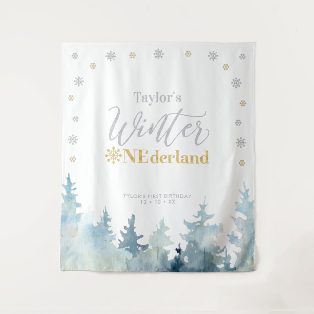 Gold & Silver Winter onderland 1st Birthday Tapestry (Front)