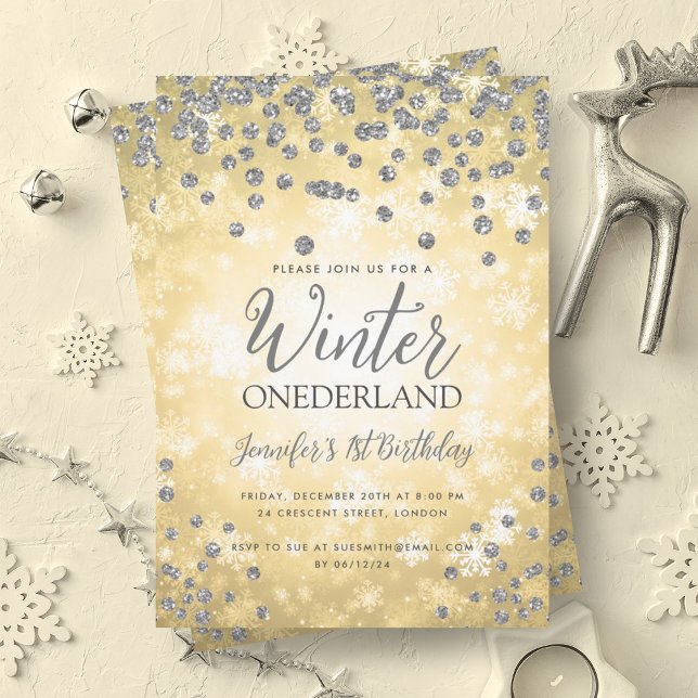 Gold Silver Winter ONEDERLAND 1st Birthday Invitation (Gold Silver Winter ONEDERLAND 1st Birthday Invitation)