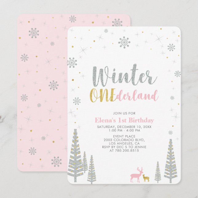 Gold & Silver Winter onederland 1st birthday party Invitation (Front/Back)