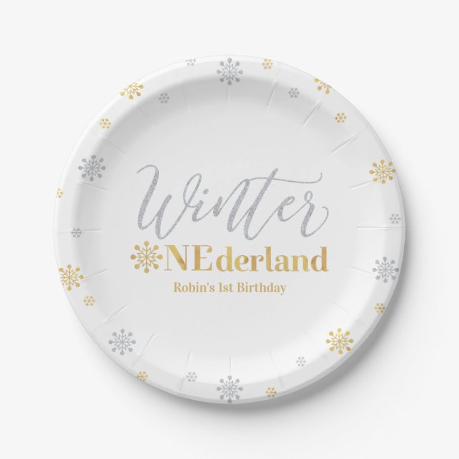 Gold & Silver Winter Onederland 1st Birthday Party Paper Plate (Front)