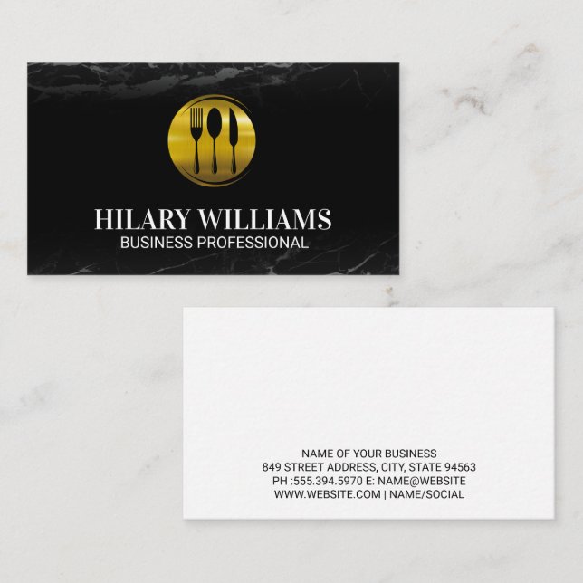 Gold Silverware Logo | Black Marble Business Card (Front/Back)