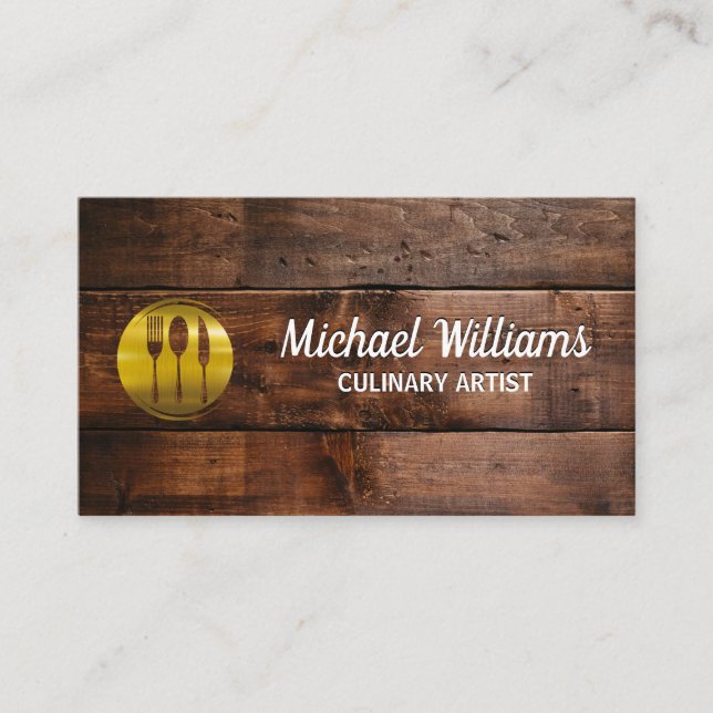 Gold Silverware Logo | Wooden Boards Business Card (Front)