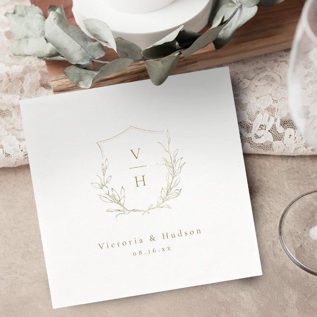 Gold simple botanical crest monogram wedding napkin (Gold simple botanical crest monogram wedding napkins)