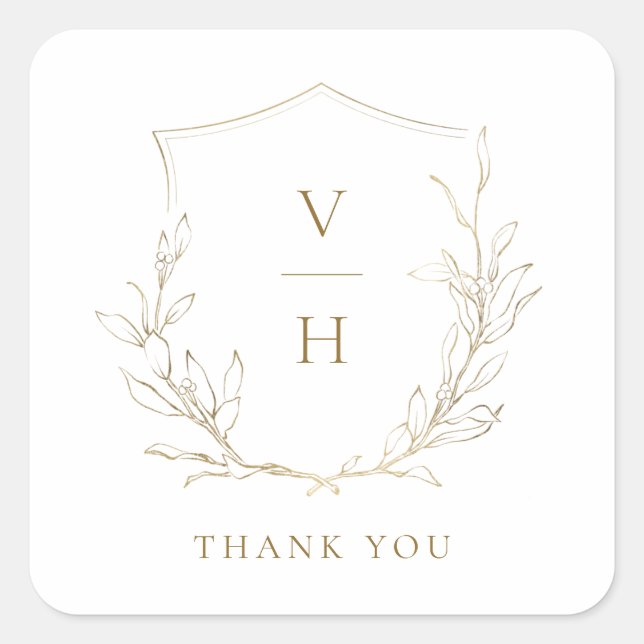 Gold simple botanical crest monogram wedding square sticker (Front)