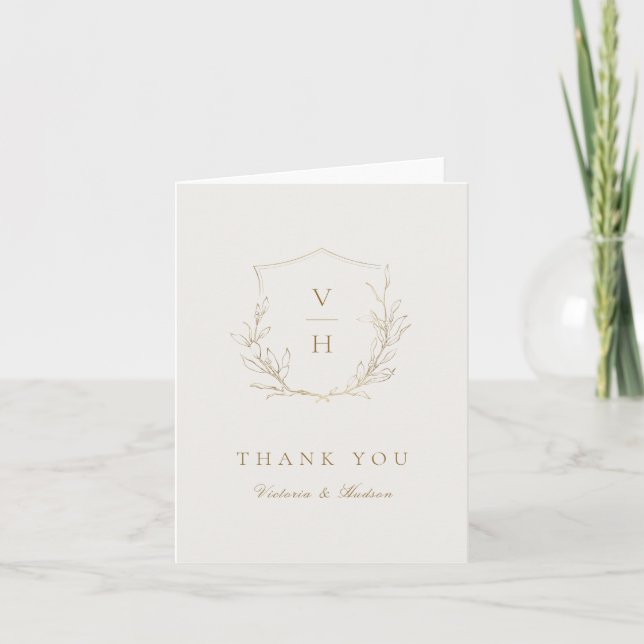 Gold simple botanical crest monogram wedding thank you card (Front)