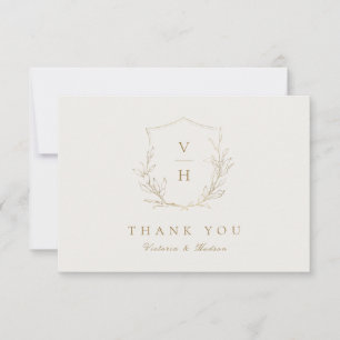 Gold simple botanical crest monogram wedding thank you card