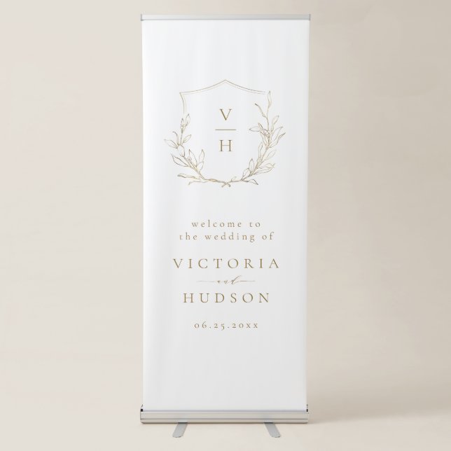 Gold Simple botanical crest rustic wedding welcome Retractable Banner (Front)