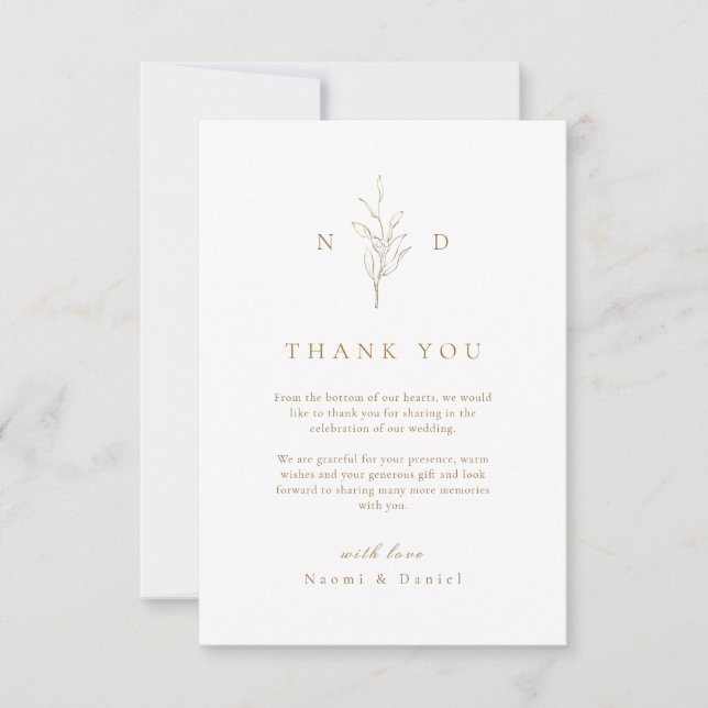 Gold simple botanical leaves monogram wedding thank you card (Front)