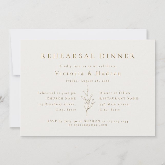 Gold simple botanical leaves rehearsal dinner invi invitation (Front)